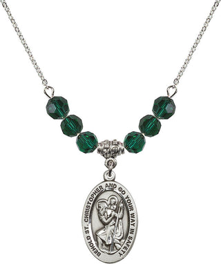 18" Rhodium Plated Necklace with 4mm Emerald Crystal Beads featuring a Sterling Silver Saint Christopher Medal. Engraved Catholic Saint Jewelry