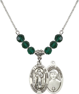 18" Rhodium Plated Necklace with 4mm Emerald Crystal Beads featuring a Sterling Silver Divine Mercy Medal.