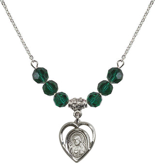 18" Rhodium Plated Necklace with 4mm Emerald Crystal Beads featuring a Sterling Silver Scapular Medal.