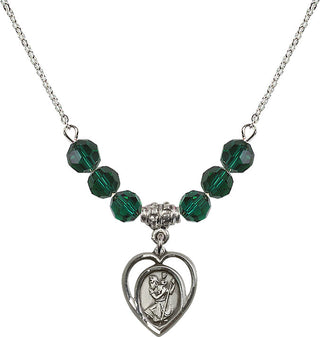 18" Rhodium Plated Necklace with 4mm Emerald Crystal Beads featuring a Sterling Silver Saint Christopher Medal.