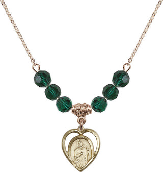 18" Hamilton Gold Plated Necklace with 4mm Emerald Crystal Beads featuring a 14kt Gold Filled Saint Jude Medal.