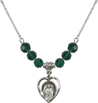 18" Rhodium Plated Necklace with 4mm Emerald Crystal Beads featuring a Sterling Silver Saint Jude Medal.