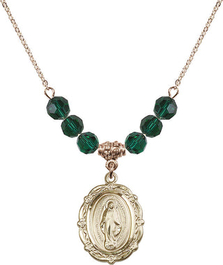 18" Hamilton Gold Plated Necklace with 4mm Emerald Crystal Beads featuring a 14kt Gold Filled Miraculous Medal.