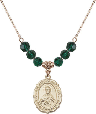 18" Hamilton Gold Plated Necklace with 4mm Emerald Crystal Beads featuring a 14kt Gold Filled Scapular Medal.