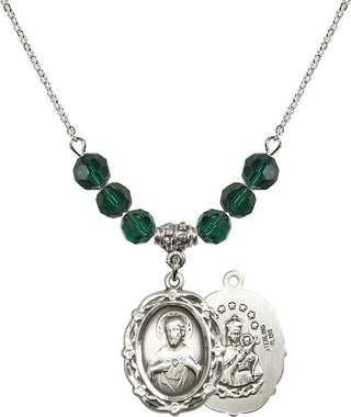 18" Rhodium Plated Necklace with 4mm Emerald Crystal Beads featuring a Sterling Silver Scapular Medal.