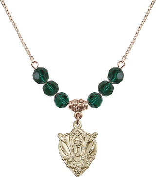 18" Hamilton Gold Plated Necklace with 4mm Emerald Crystal Beads featuring a 14kt Gold Filled Communion Medal.