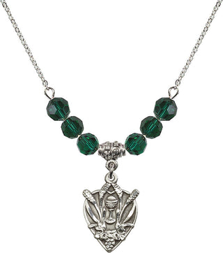 18" Rhodium Plated Necklace with 4mm Emerald Crystal Beads featuring a Sterling Silver Communion Medal.
