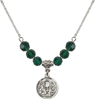 18" Rhodium Plated Necklace with 4mm Emerald Crystal Beads featuring a Sterling Silver Communion Chalice Medal.
