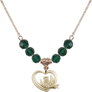 18" Hamilton Gold Plated Necklace with 4mm Emerald Crystal Beads featuring a 14kt Gold Filled Heart / Guardian Angel Medal.