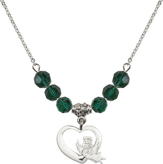 18" Rhodium Plated Necklace with 4mm Emerald Crystal Beads featuring a Sterling Silver Heart / Guardian Angel Medal.