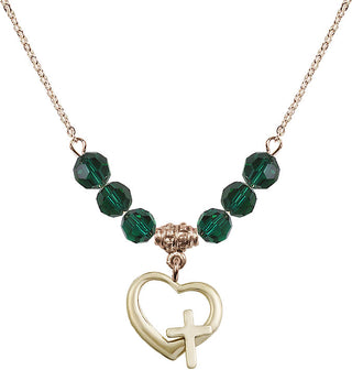 18" Hamilton Gold Plated Necklace with 4mm Emerald Crystal Beads featuring a 14kt Gold Filled Heart / Cross Medal.