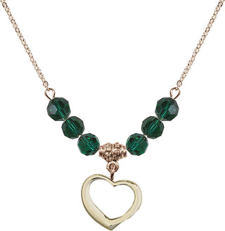 18" Hamilton Gold Plated Necklace with 4mm Emerald Crystal Beads featuring a 14kt Gold Filled Heart Medal.