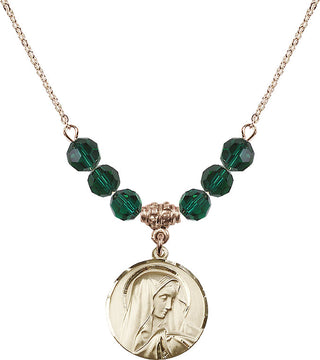 18" Hamilton Gold Plated Necklace with 4mm Emerald Crystal Beads featuring a 14kt Gold Filled Sorrowful Mother Medal.
