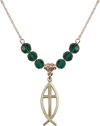 18" Hamilton Gold Plated Necklace with 4mm Emerald Crystal Beads featuring a 14kt Gold Filled Fish / Cross Medal.