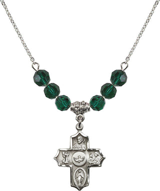 18" Rhodium Plated Necklace with 4mm Emerald Crystal Beads featuring a Sterling Silver 5-Way Medal.