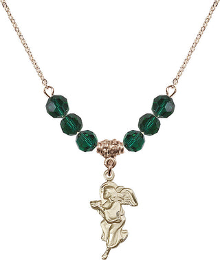 18" Hamilton Gold Plated Necklace with 4mm Emerald Crystal Beads featuring a 14kt Gold Filled Guardian Angel Medal.