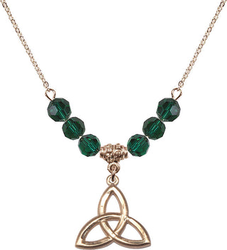 18" Hamilton Gold Plated Necklace with 4mm Emerald Crystal Beads featuring a 14kt Gold Filled Trinity Irish Knot Medal.
