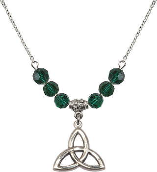 18" Rhodium Plated Necklace with 4mm Emerald Crystal Beads featuring a Sterling Silver Trinity Irish Knot Medal.