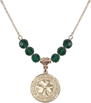 18" Hamilton Gold Plated Necklace with 4mm Emerald Crystal Beads featuring a 14kt Gold Filled Shamrock with Celtic Border Medal.