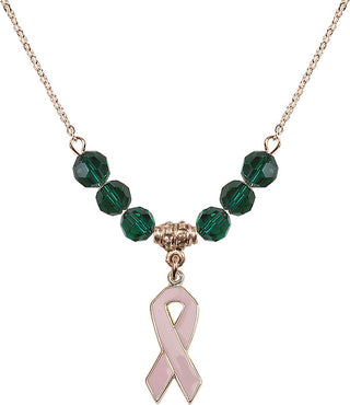 18" Hamilton Gold Plated Necklace with 4mm Emerald Crystal Beads featuring a 14kt Gold Filled Cancer Awareness Medal.