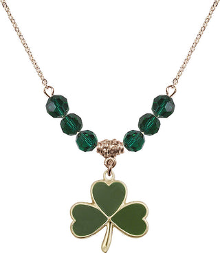 18" Hamilton Gold Plated Necklace with 4mm Emerald Crystal Beads featuring a 14kt Gold Filled Shamrock Medal.