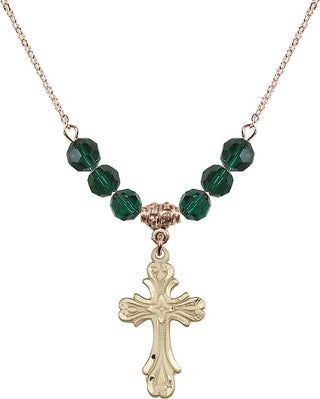 18" Hamilton Gold Plated Necklace with 4mm Emerald Crystal Beads featuring a 14kt Gold Filled Cross Medal.