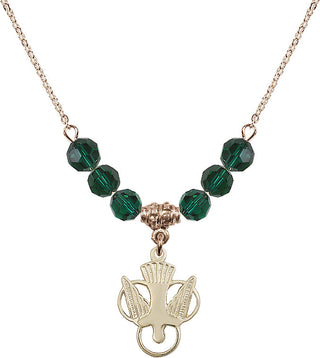 18" Hamilton Gold Plated Necklace with 4mm Emerald Crystal Beads featuring a 14kt Gold Filled Holy Spirit Medal.