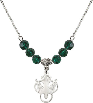 18" Rhodium Plated Necklace with 4mm Emerald Crystal Beads featuring a Sterling Silver Holy Spirit Medal.