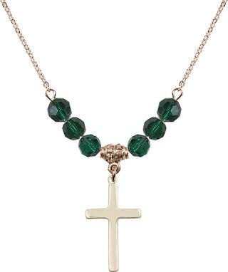 18" Hamilton Gold Plated Necklace with 4mm Emerald Crystal Beads featuring a 14kt Gold Filled Cross Medal.