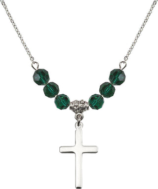 18" Rhodium Plated Necklace with 4mm Emerald Crystal Beads featuring a Sterling Silver Cross Medal.