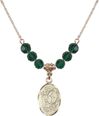 18" Hamilton Gold Plated Necklace with 4mm Emerald Crystal Beads featuring a 14kt Gold Filled Miraculous Medal.