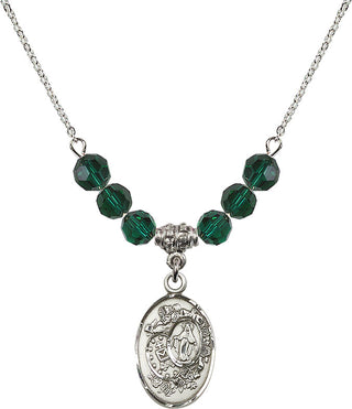 18" Rhodium Plated Necklace with 4mm Emerald Crystal Beads featuring a Sterling Silver Miraculous Medal.