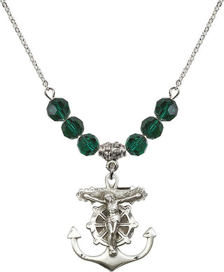 18" Rhodium Plated Necklace with 4mm Emerald Crystal Beads featuring a Sterling Silver Anchor Crucifix Medal.