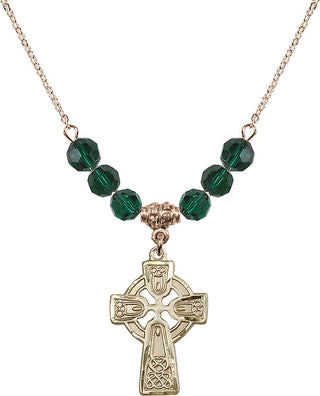 18" Hamilton Gold Plated Necklace with 4mm Emerald Crystal Beads featuring a 14kt Gold Filled Celtic Cross Medal.