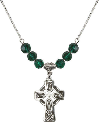 18" Rhodium Plated Necklace with 4mm Emerald Crystal Beads featuring a Sterling Silver Celtic Cross Medal.