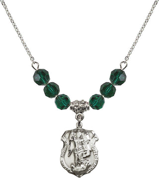 18" Rhodium Plated Necklace with 4mm Emerald Crystal Beads featuring a Sterling Silver Saint Michael the Archangel Medal. Engraved Catholic Saint Jewelry