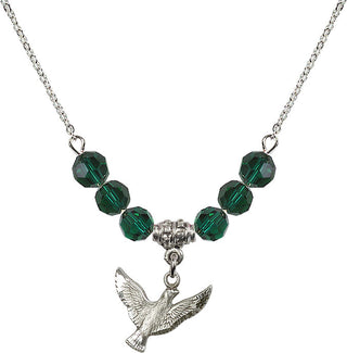 18" Rhodium Plated Necklace with 4mm Emerald Crystal Beads featuring a Sterling Silver Holy Spirit Medal.