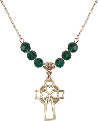 18" Hamilton Gold Plated Necklace with 4mm Emerald Crystal Beads featuring a 14kt Gold Filled Shamrock Cross Medal.