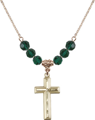 18" Hamilton Gold Plated Necklace with 4mm Emerald Crystal Beads featuring a 14kt Gold Filled Cross Medal. Engraved Catholic Saint Jewelry