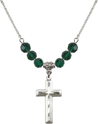 18" Rhodium Plated Necklace with 4mm Emerald Crystal Beads featuring a Sterling Silver Cross Medal. Engraved Catholic Saint Jewelry