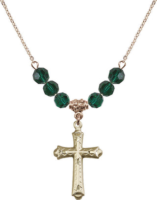 18" Hamilton Gold Plated Necklace with 4mm Emerald Crystal Beads featuring a 14kt Gold Filled Cross Medal. Engraved Catholic Saint Jewelry