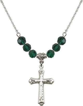 18" Rhodium Plated Necklace with 4mm Emerald Crystal Beads featuring a Sterling Silver Cross Medal. Engraved Catholic Saint Jewelry