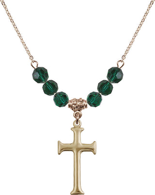 18" Hamilton Gold Plated Necklace with 4mm Emerald Crystal Beads featuring a 14kt Gold Filled Cross Medal. Engraved Catholic Saint Jewelry