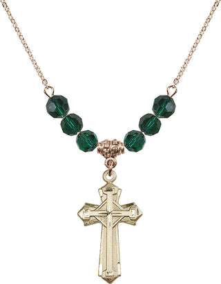 18" Hamilton Gold Plated Necklace with 4mm Emerald Crystal Beads featuring a 14kt Gold Filled Cross Medal. Engraved Catholic Saint Jewelry