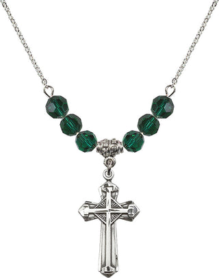 18" Rhodium Plated Necklace with 4mm Emerald Crystal Beads featuring a Sterling Silver Cross Medal. Engraved Catholic Saint Jewelry