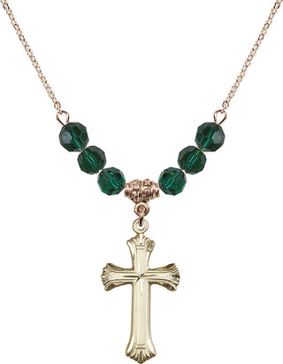 18" Hamilton Gold Plated Necklace with 4mm Emerald Crystal Beads featuring a 14kt Gold Filled Cross Medal. Engraved Catholic Saint Jewelry