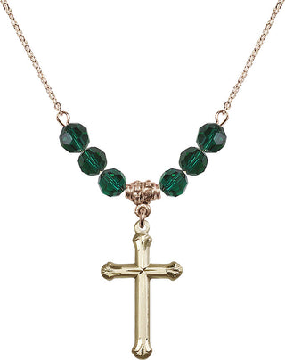18" Hamilton Gold Plated Necklace with 4mm Emerald Crystal Beads featuring a 14kt Gold Filled Cross Medal. Engraved Catholic Saint Jewelry