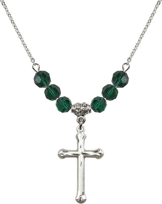 18" Rhodium Plated Necklace with 4mm Emerald Crystal Beads featuring a Sterling Silver Cross Medal. Engraved Catholic Saint Jewelry
