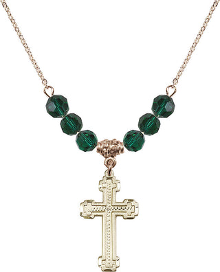 18" Hamilton Gold Plated Necklace with 4mm Emerald Crystal Beads featuring a 14kt Gold Filled Cross Medal.