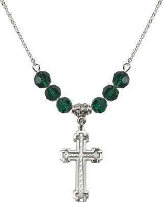 18" Rhodium Plated Necklace with 4mm Emerald Crystal Beads featuring a Sterling Silver Cross Medal.